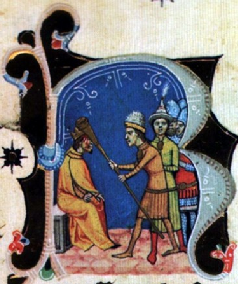 Selon une légende magyare, Conrad Ier le Rouge est tué d'un coup de cor par le chef hongrois Lehel - qu'il avait fait prisonnier - Miniature de la Gesta Hungarorum - vers 1360